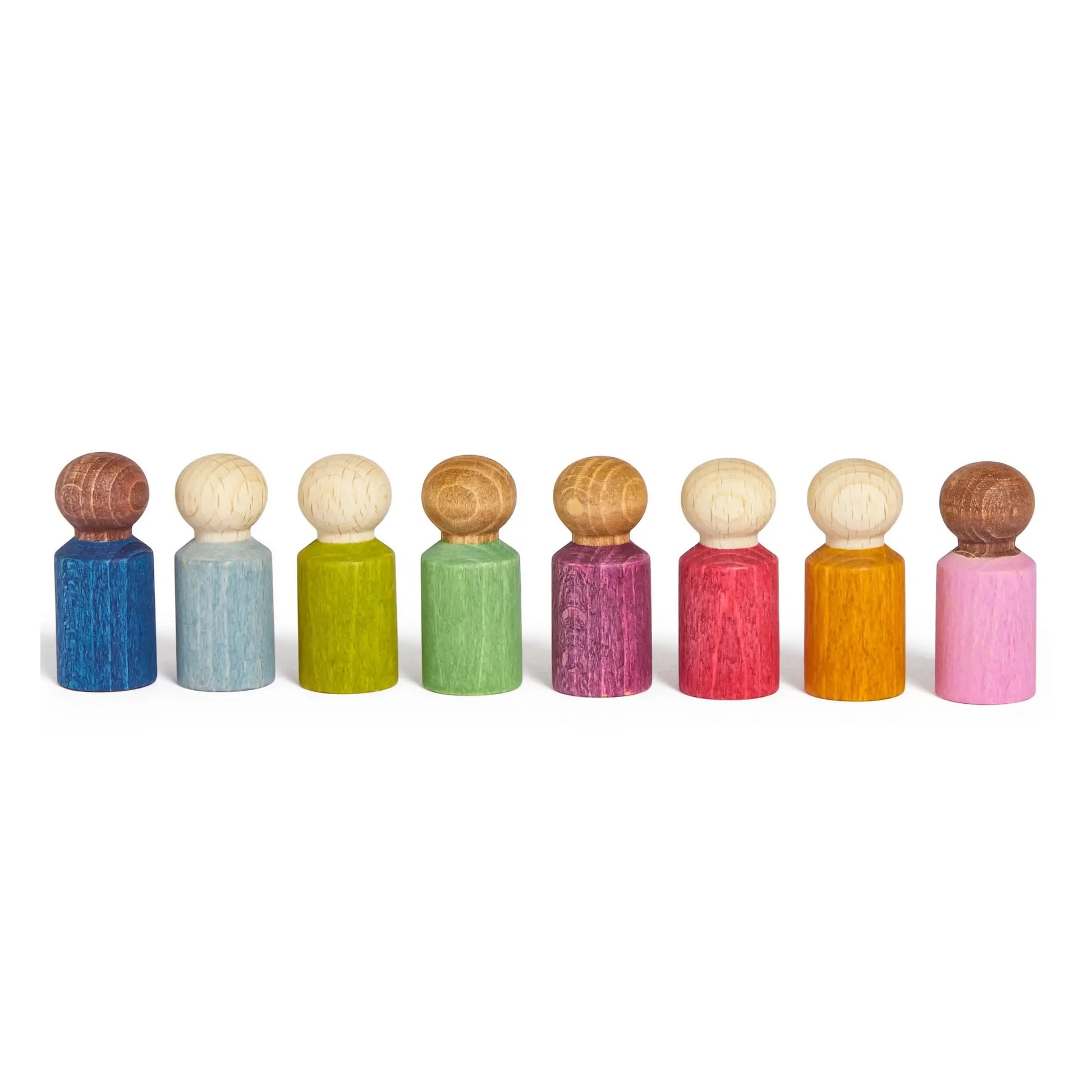 Eight colorful Lubulona Lubu People wooden figures arranged in a row on a white background