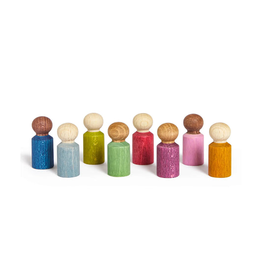 Eight Lubulona Lubu People miniature wooden figures in assorted colors for small world play