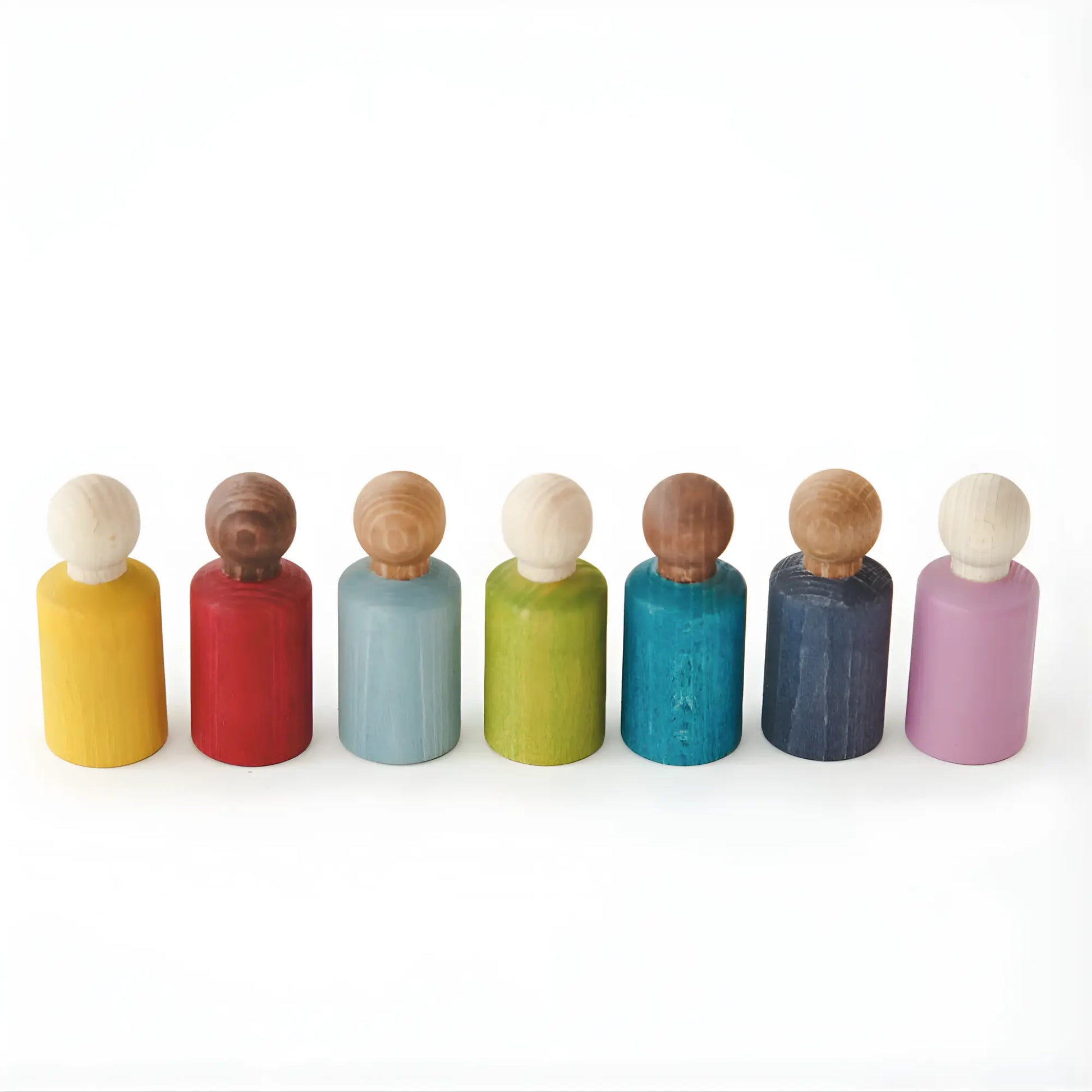 Seven Lubulona My Buddies wooden peg dolls in assorted colors and natural wood tones