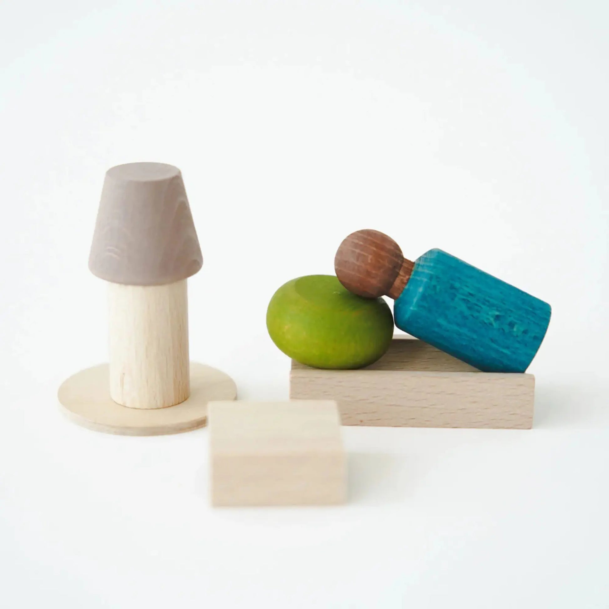 Aqua blue Lubulona My Room wooden peg doll with six small wooden furniture pieces