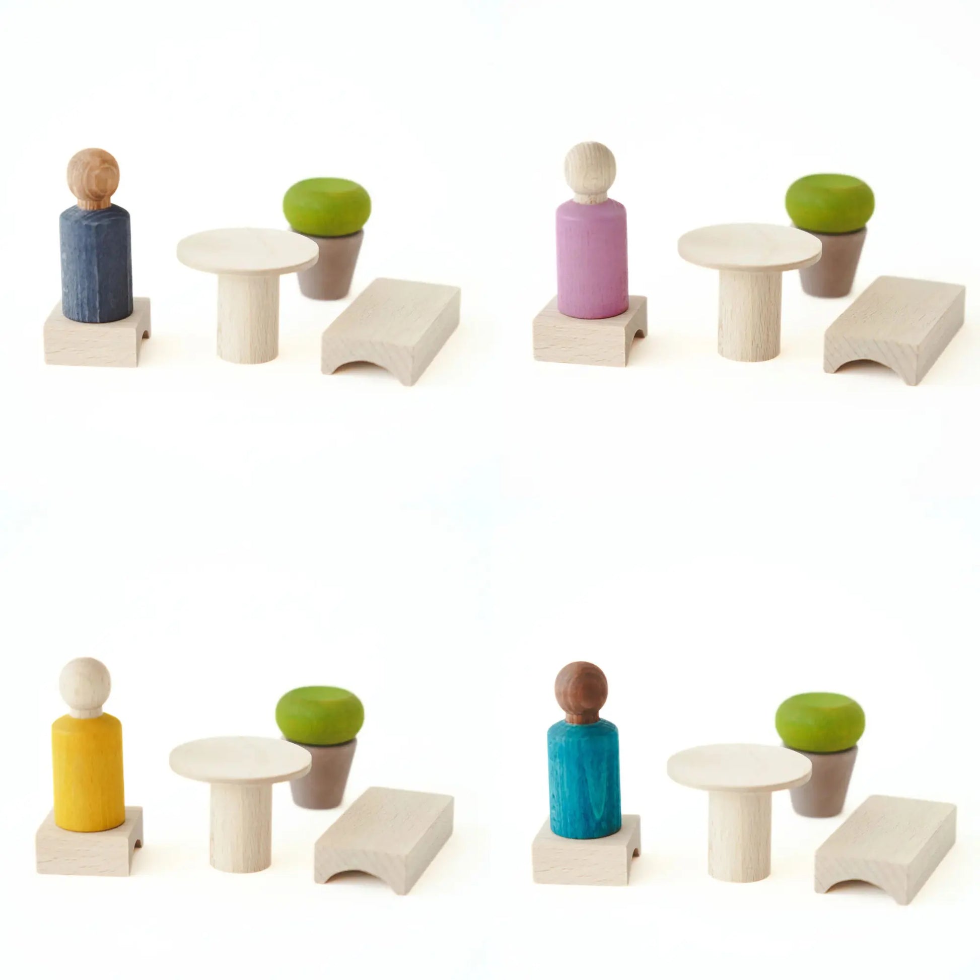 Lubulona My Room wooden peg doll sets in Pink, Yellow, Aqua Blue, and Thunder Grey