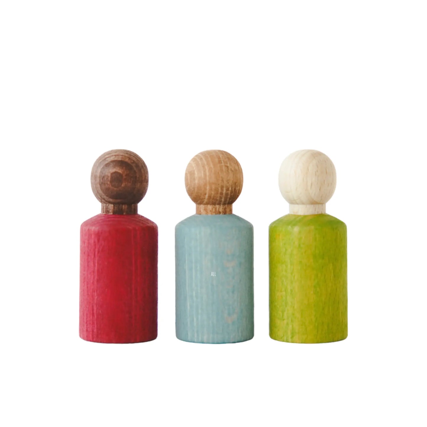 Set of three hand-painted Lubulona wooden peg dolls with varied skin tones and colors