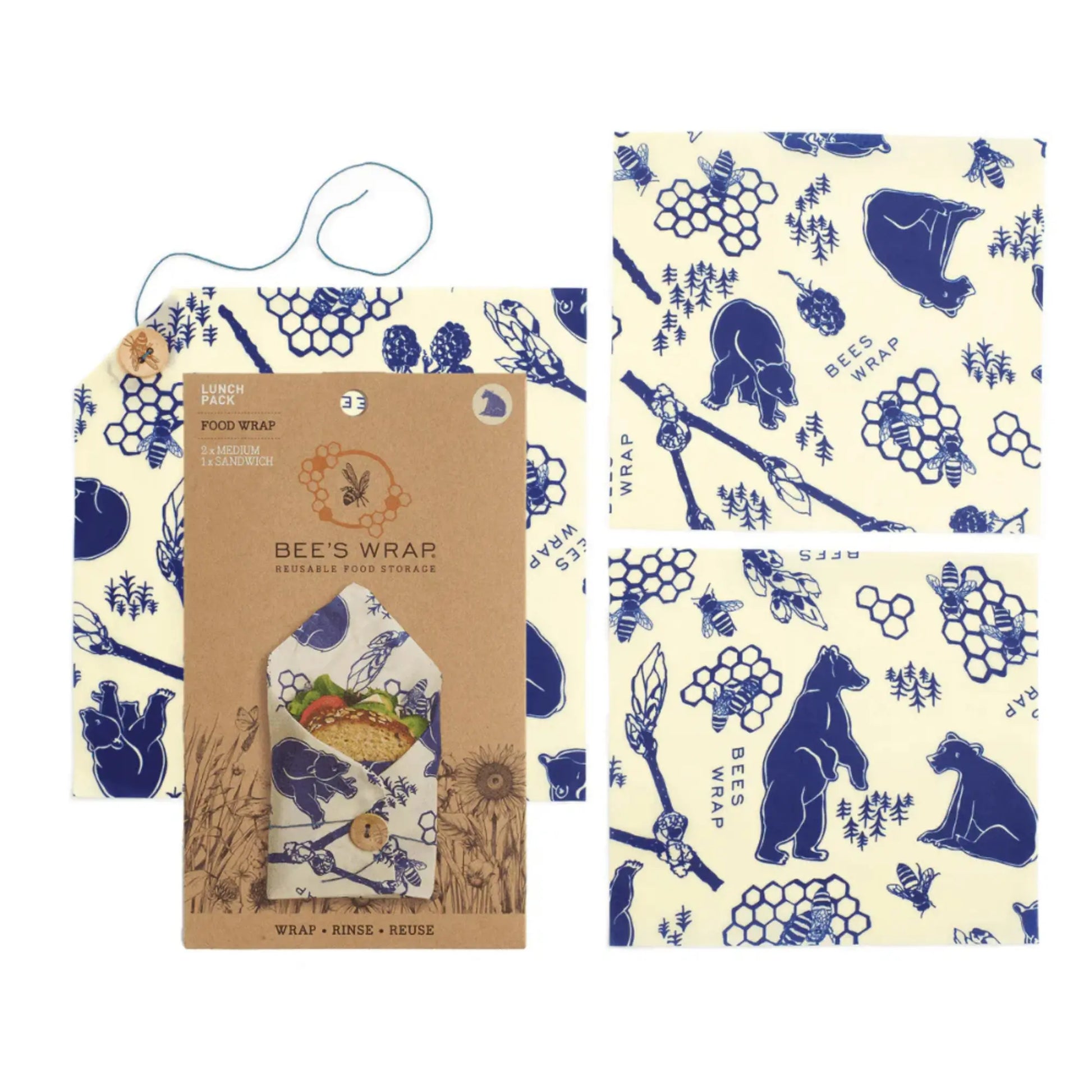 Bee's Wrap packaging with blue and white pattern on a beige background