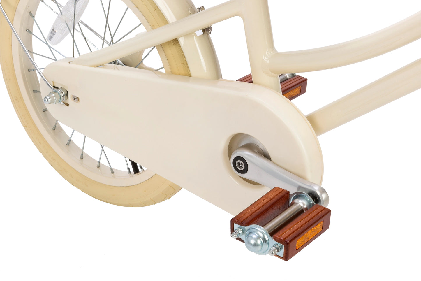 Close-up of a bicycle pedal and chain mechanism on a white background