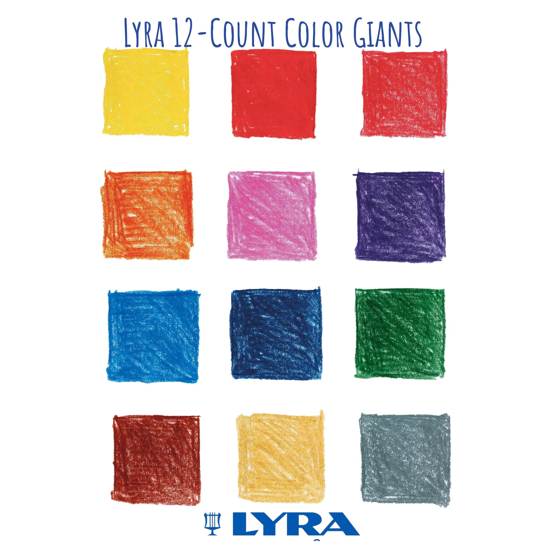 Color swatches of Lyra 12-Count Color Giants crayons on a white background with Lyra logo.