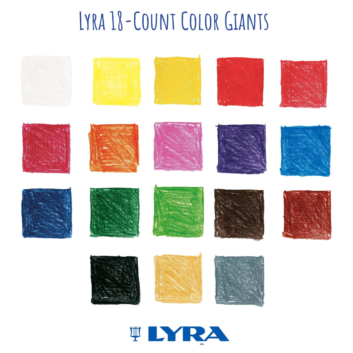 Lyra 18-count color giants crayon swatches on a white background with Lyra logo.
