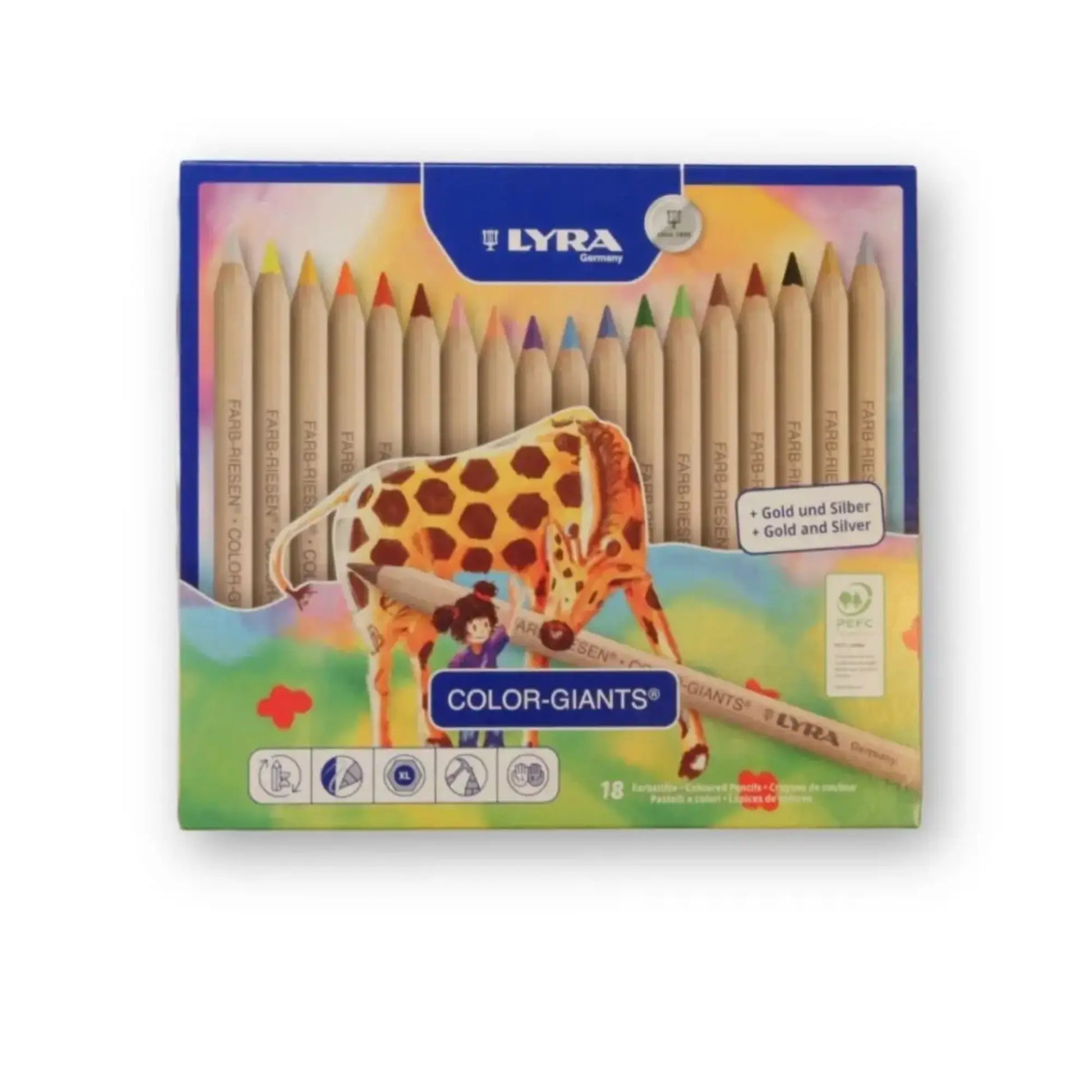 Box of Lyra Color-Giants colored pencils with a giraffe illustration on a white background