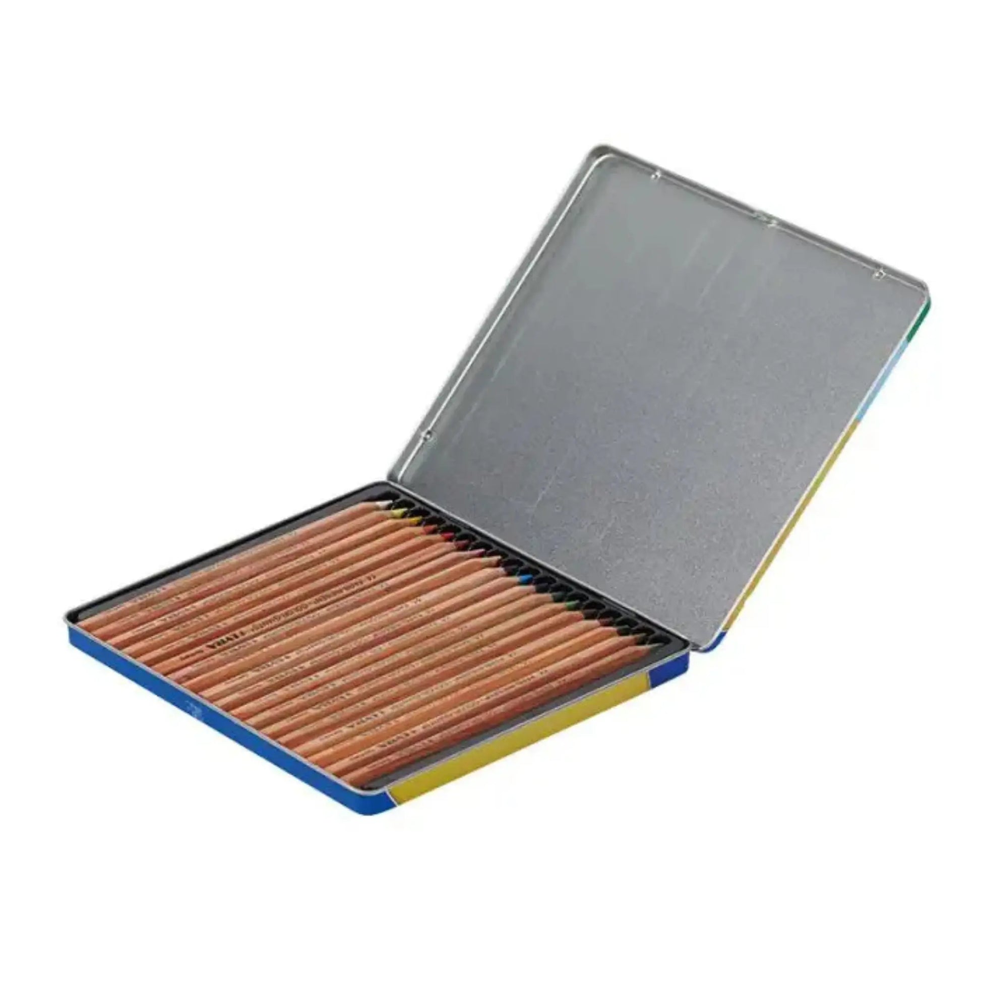 Open tin containing wooden pencils on a white background