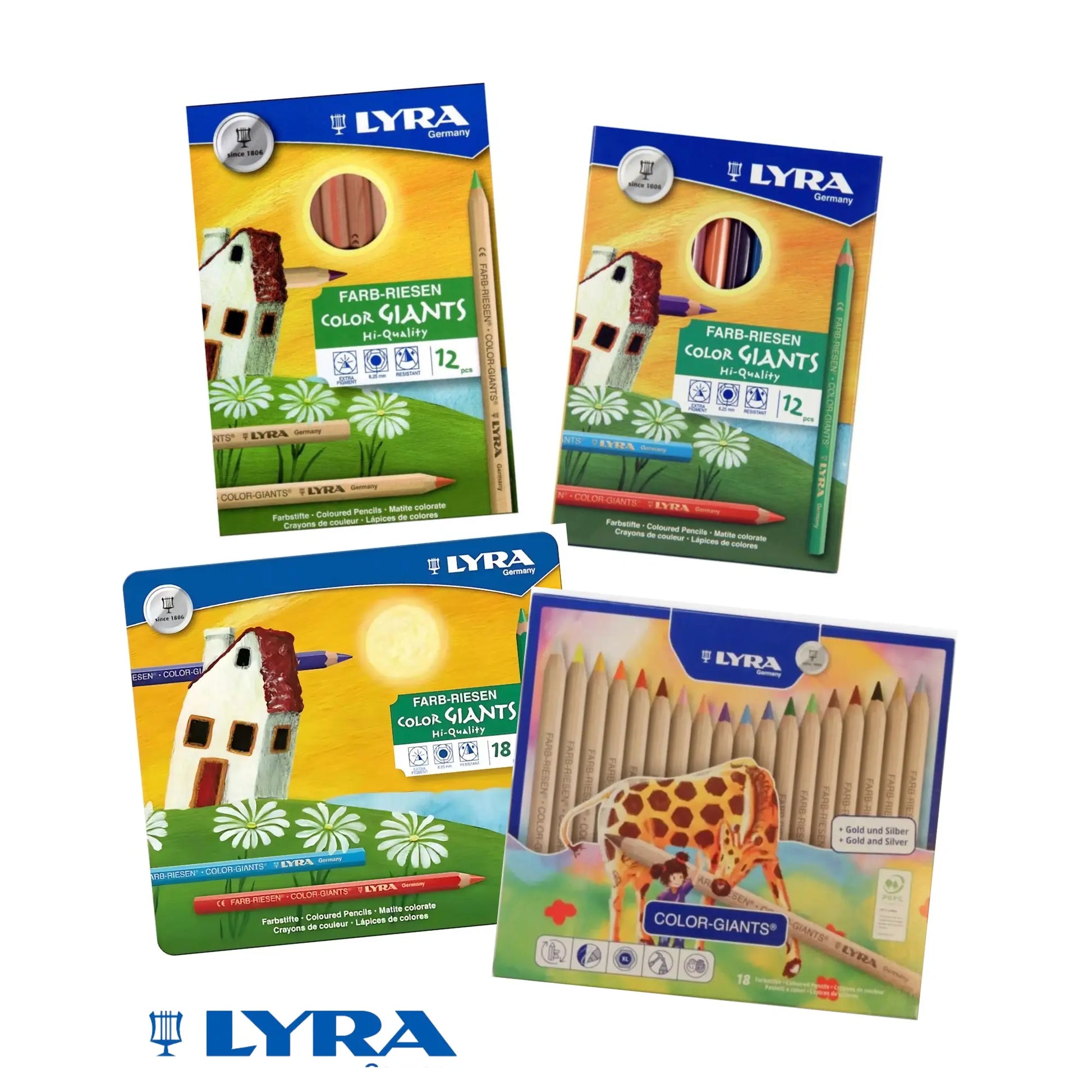 Four packages of Lyra Color Giants colored pencils on a white background