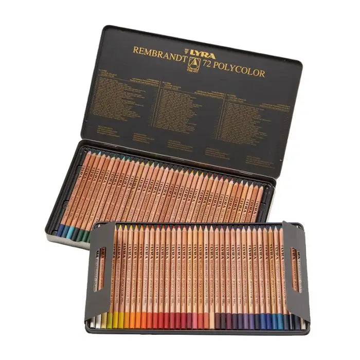 Lyra Rembrandt Polycolor colored pencils open tin showing full color range oil-based artist pencils