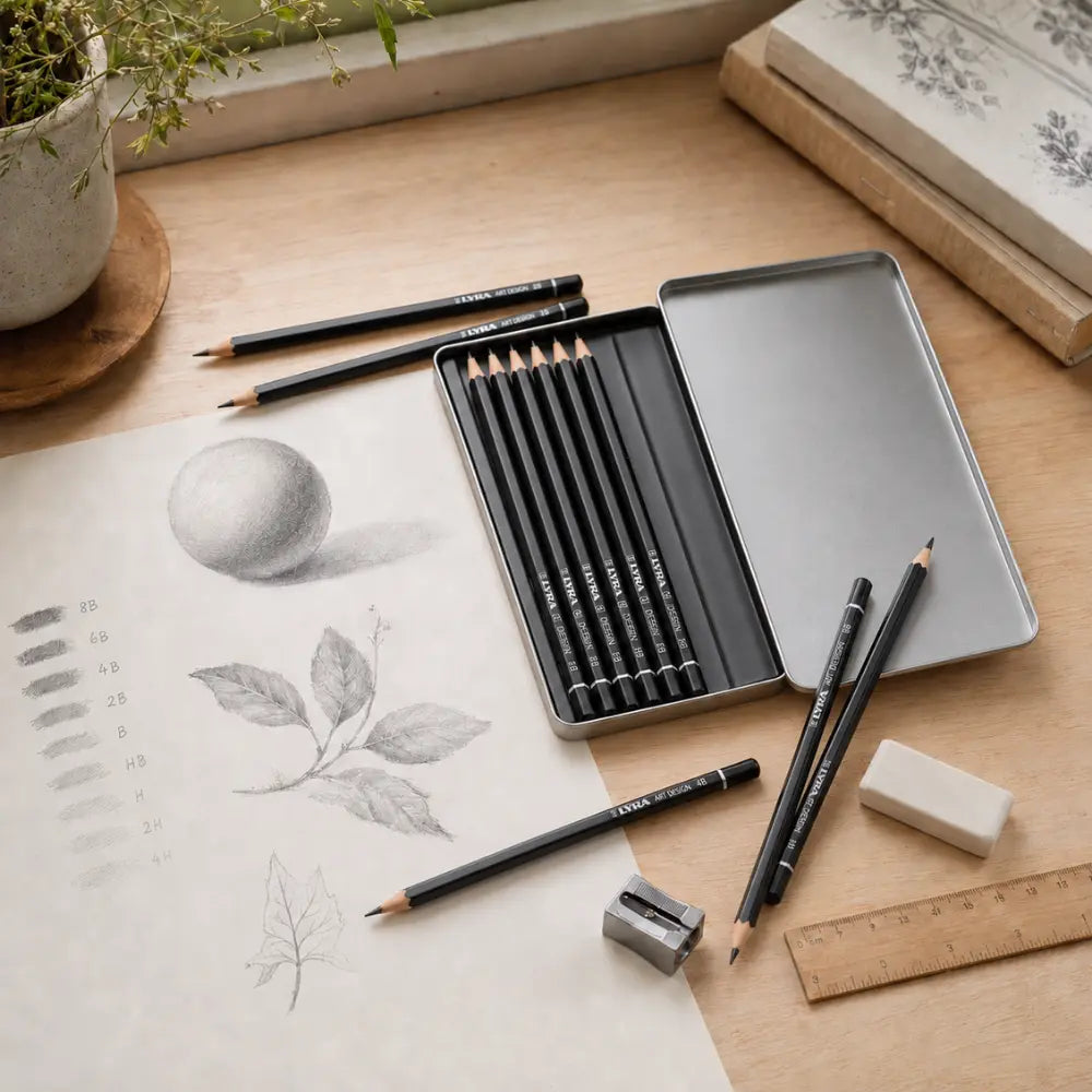 Lyra Rembrandt graphite pencil set with sketch paper, shaded drawing, eraser, sharpener, and ruler