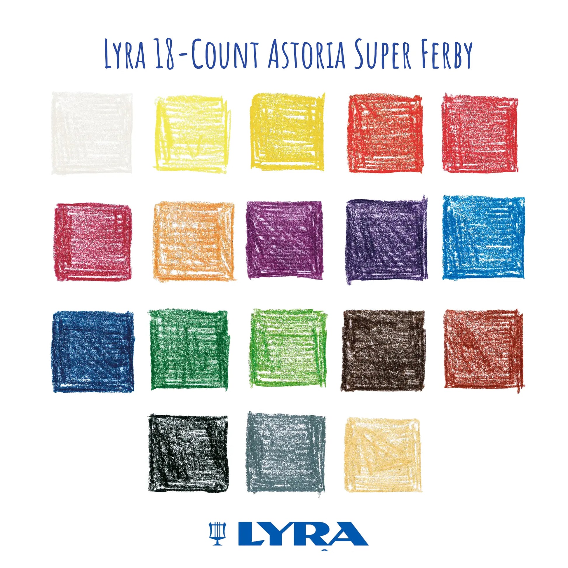 Lyra Super Ferby Astoria colored pencils color chart showing 18 vibrant pigment shades