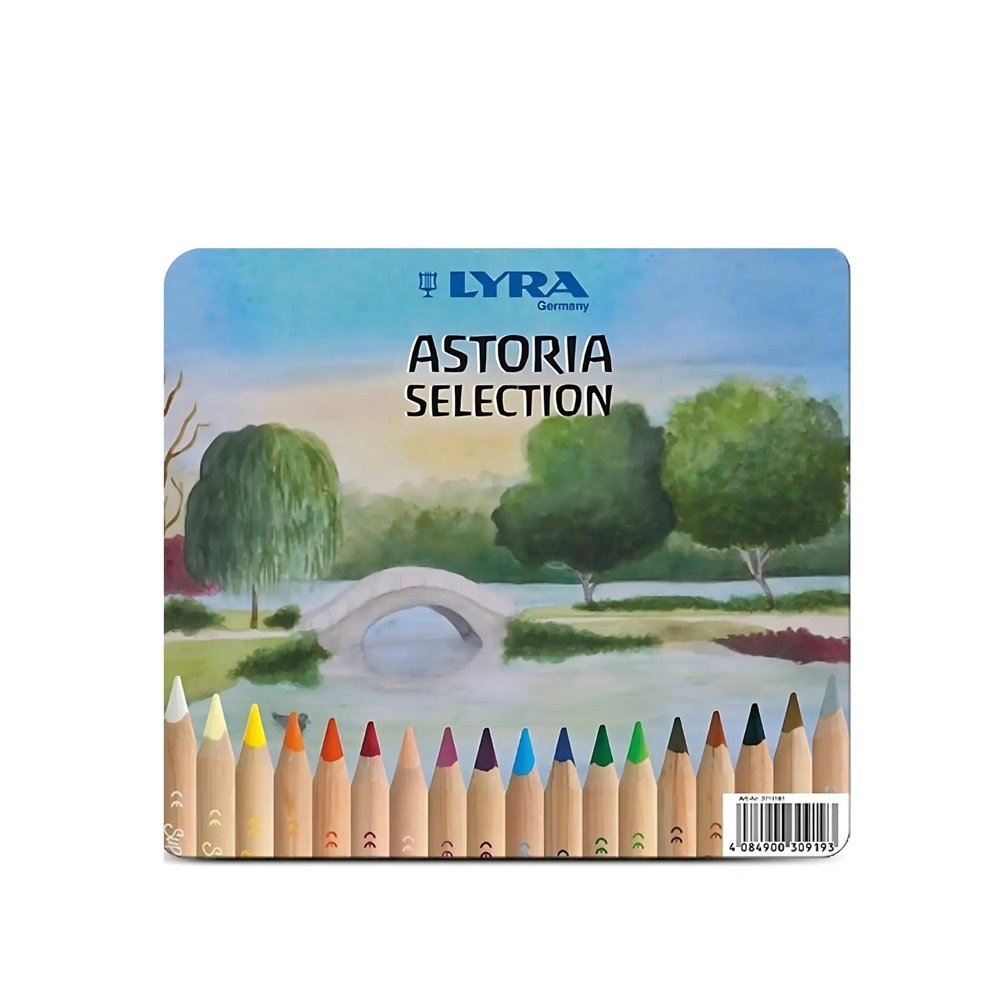 Lyra Super Ferby Astoria colored pencils tin packaging with triangular pencils inside