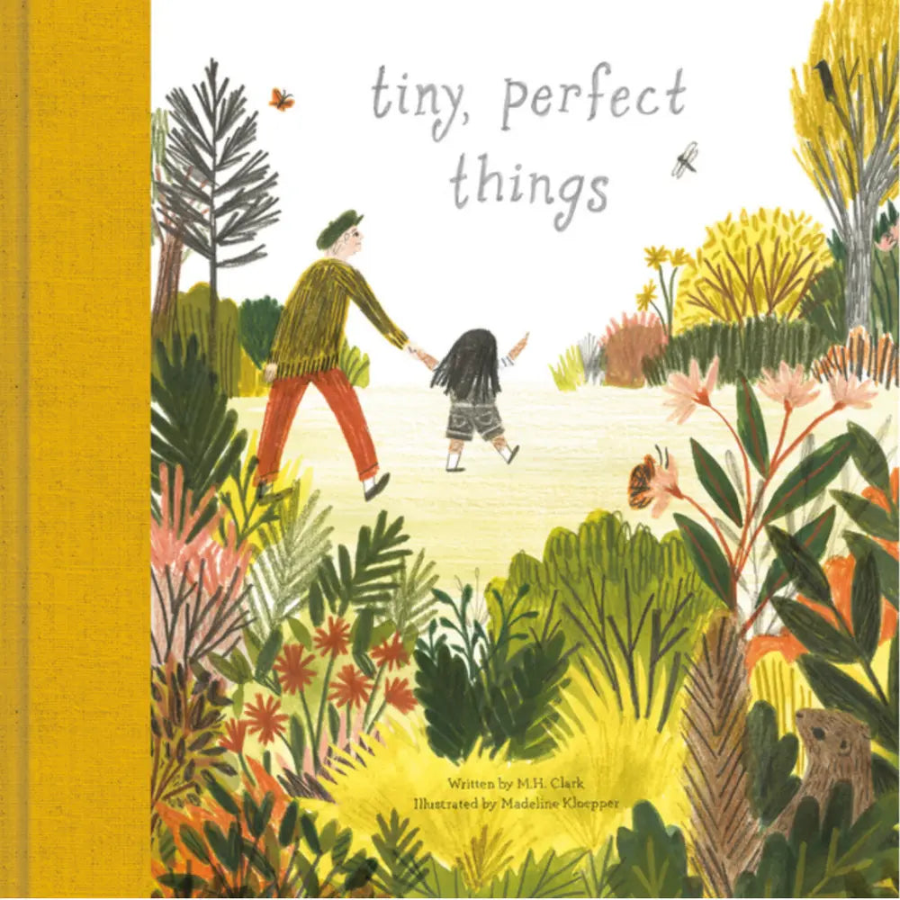 Book cover of 'tiny, perfect things' with illustration of two people walking through a garden.