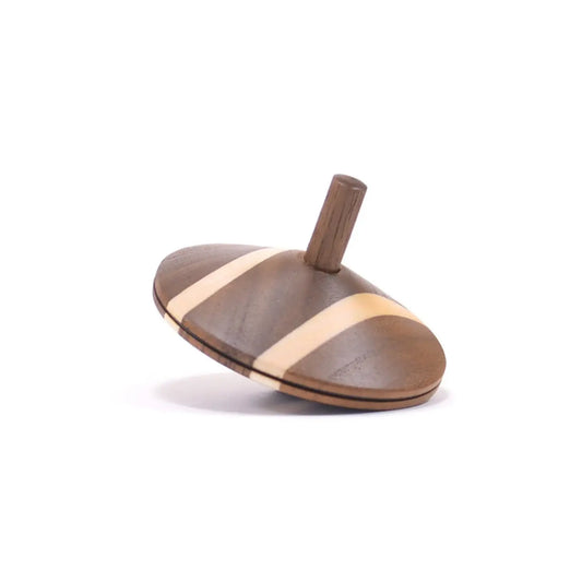 Mader Chocolate Cream wooden spinning top handcrafted from dark walnut with two pale maple stripes