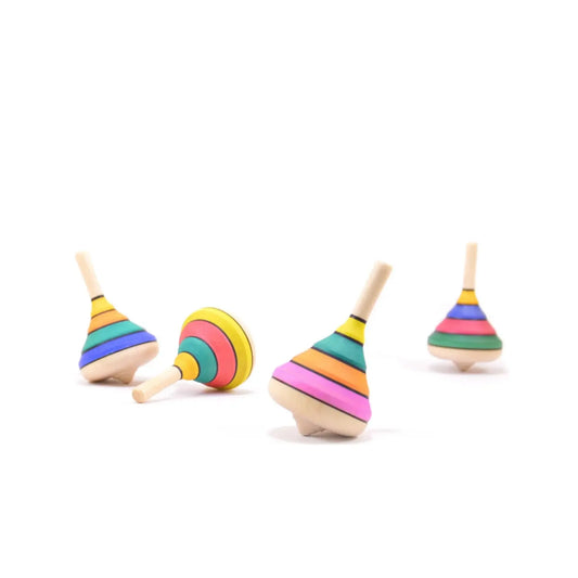 Assorted Mader Harlekin wooden spinning tops with colorful painted bands