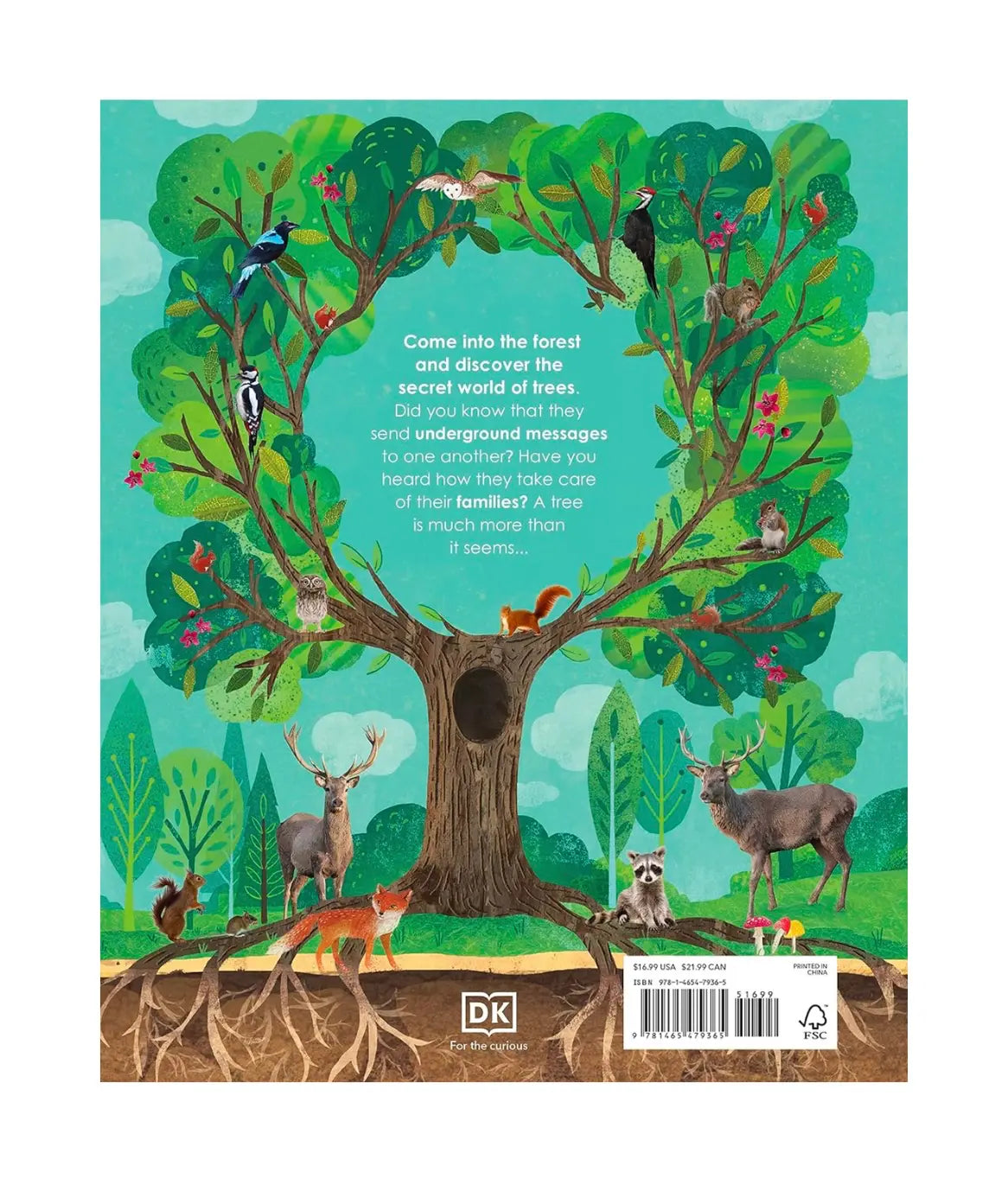 Back cover of a book showing a tree with the animals it interacts with