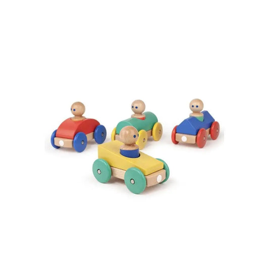 Four Tegu Magnetic Cars for Fun Toddler and Preschool Play on white background