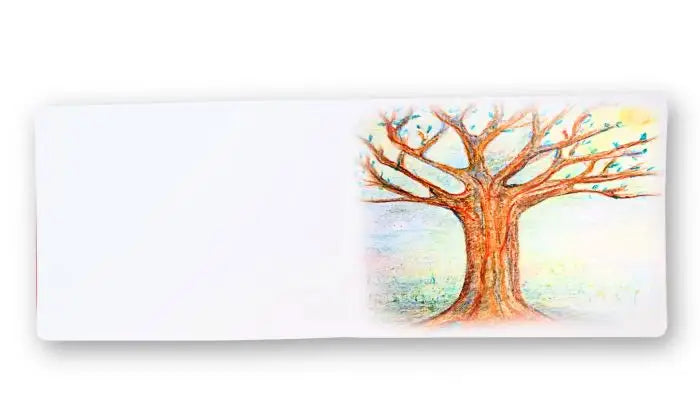 Painted tree design in a Waldorf main lesson book on a white background