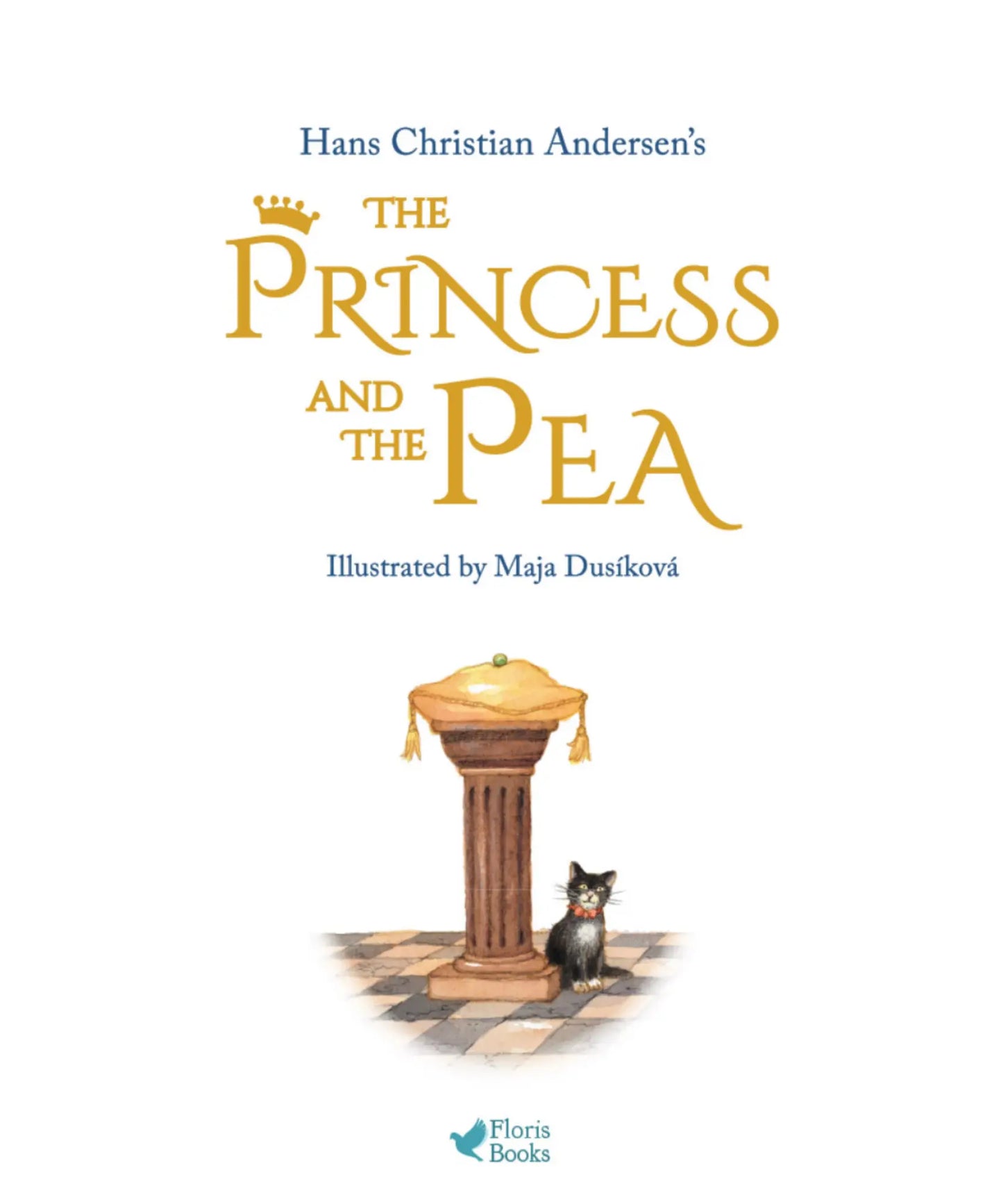 illustration of a cat next to a post with a pea on a pillow and text of the book title Princess and the Pea