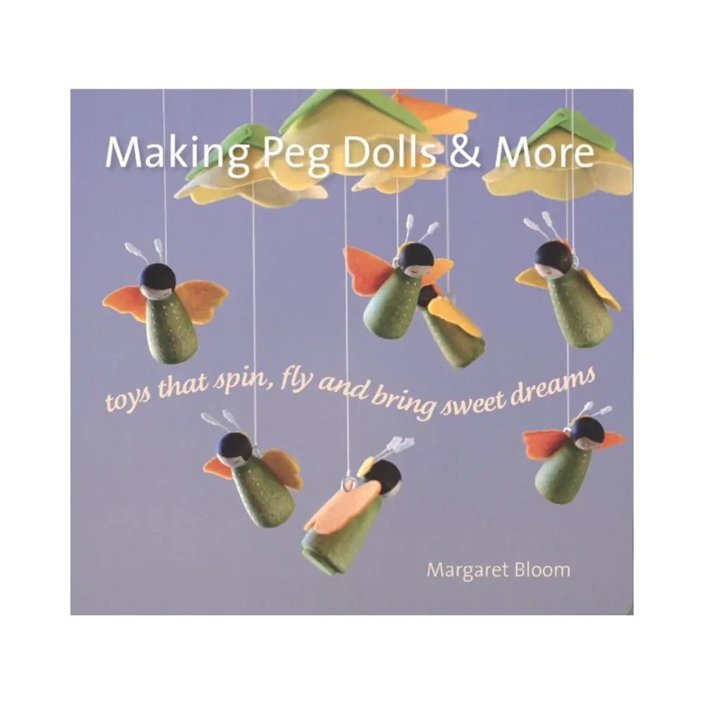Book cover of 'Making Peg Dolls & More' with illustrations of peg dolls on a purple background.