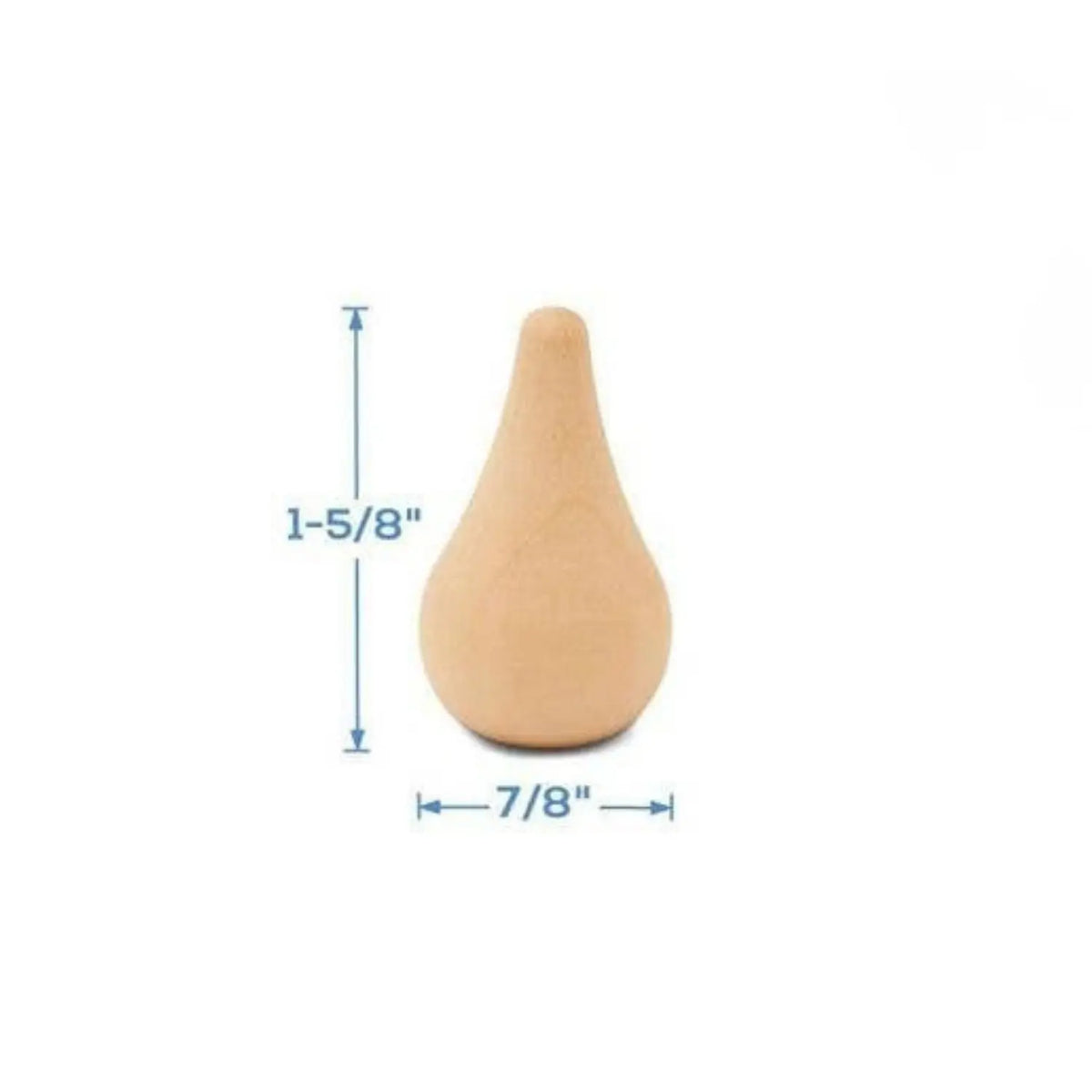 Unfinished wooden raindrop shape measuring 1⅝ inches high by ⅞ inch wide