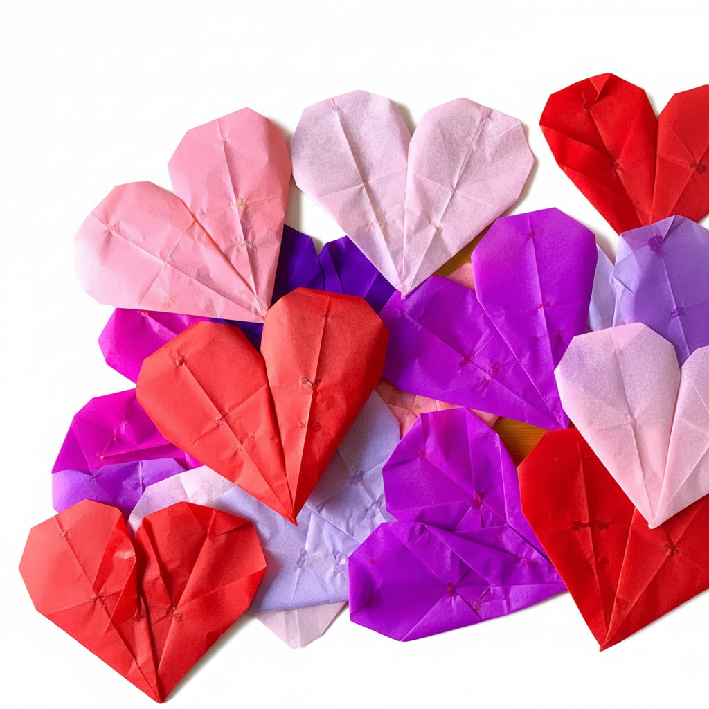 Japanese silk paper hearts in red, pink, purple on a white background