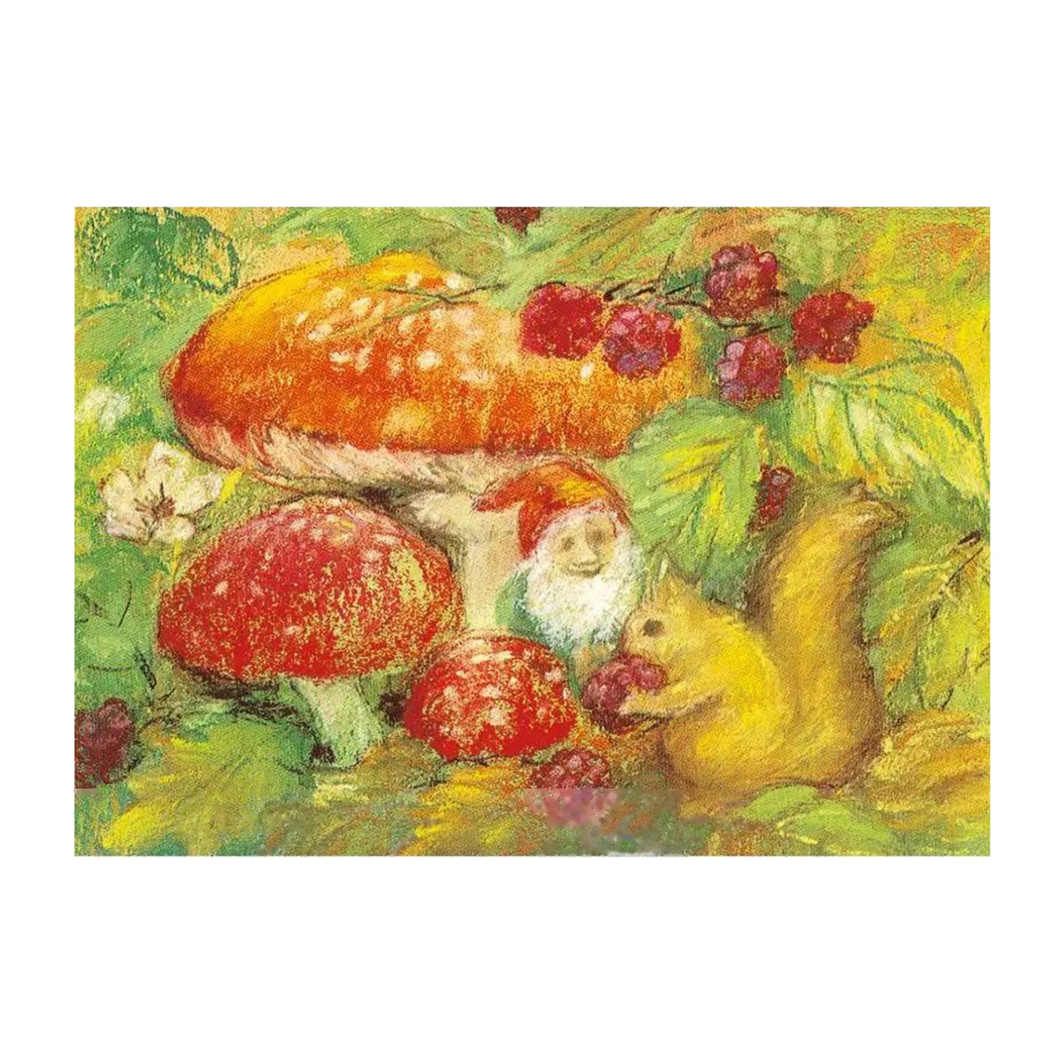 Marjan van Zeyl autumn gnome postcard with red mushrooms, a squirrel, and woodland berries.