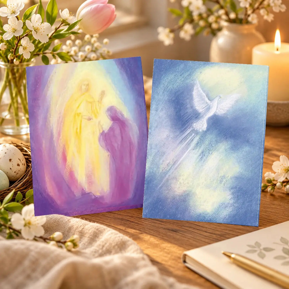 Two Marjan van Zeyl Easter postcards, Easter Resurrection and Spirit, displayed on a wooden table with spring blossoms and candlelight.