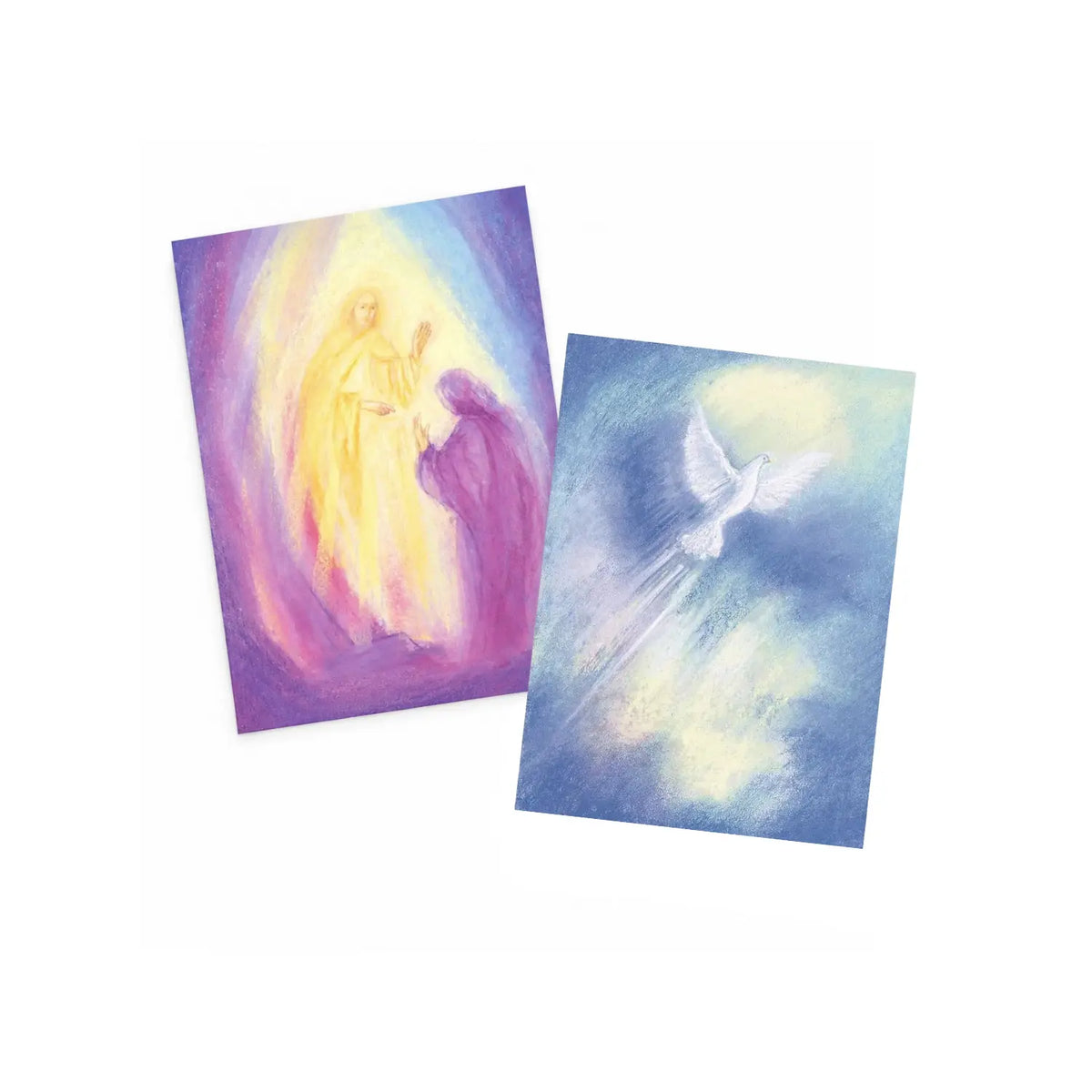 Easter Resurrection and Spirit postcard set by Marjan van Zeyl, featuring a luminous resurrection scene and a white dove in flight, arranged on a white background.