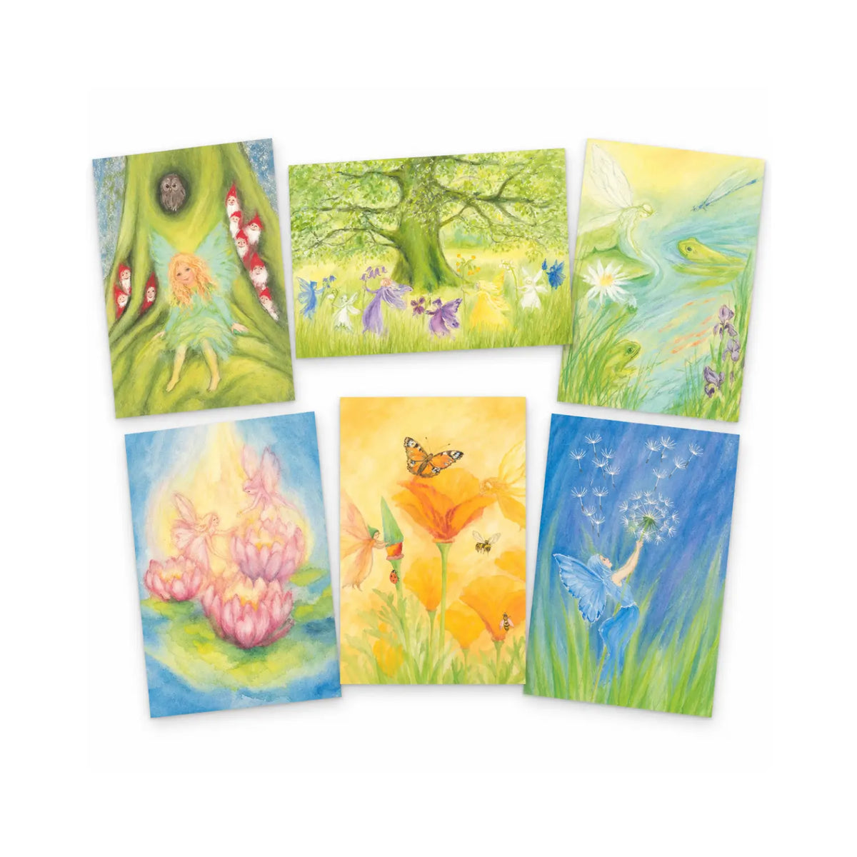 A set of six colorful illustrated fairy cards by Marjan van Zeyl arranged on a white background. 