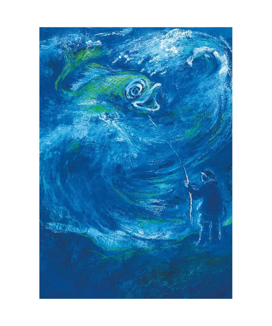 Marjan van Zeyl The Fisherman and His Wife fairy tale postcard featuring a fisherman standing before an enormous magical fish amid swirling blue ocean waves.