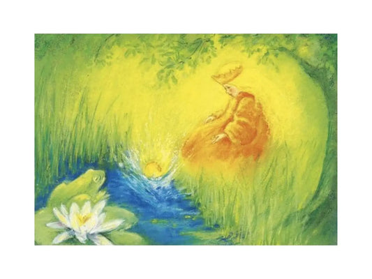 The Frog King postcard by Marjan van Zeyl featuring a frog by the pond with a golden ball and princess