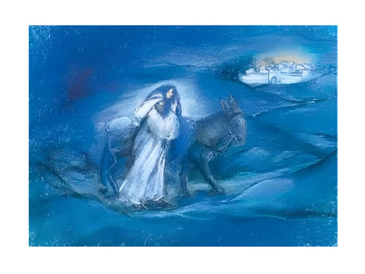 Artistic depiction of a woman and donkey in a blue-toned scene with a distant cityscape.