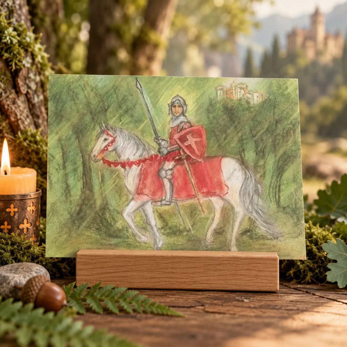 Marjan van Zeyl knight fairy tale postcard displayed in a wooden holder on a rustic woodland table with moss, fern fronds, acorns, candlelight, and a softly blurred castle in the background.