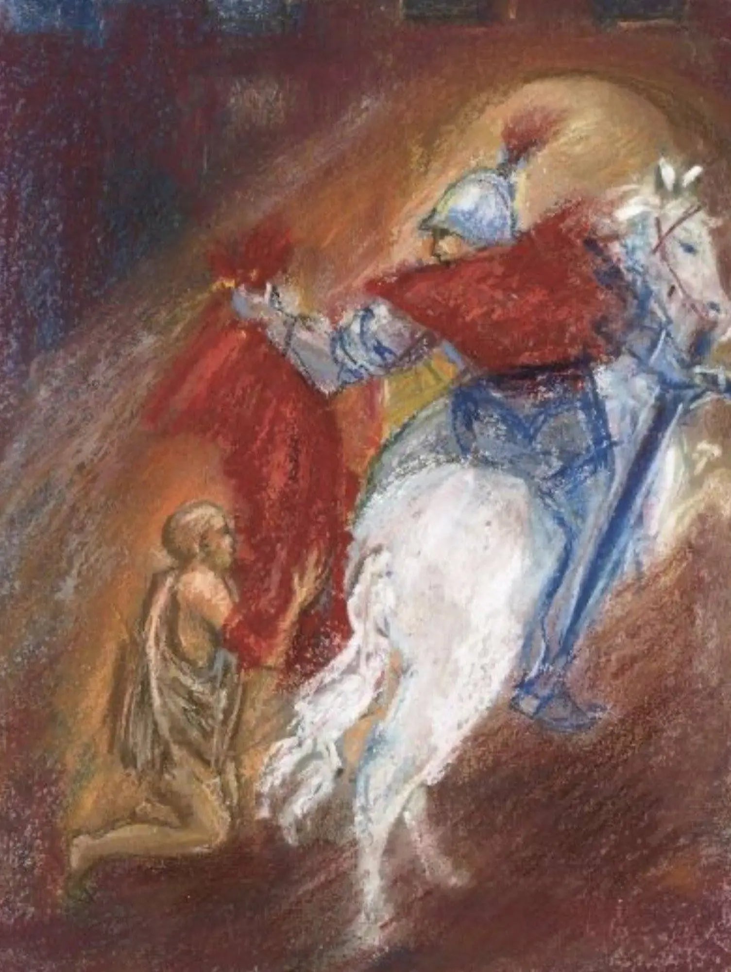 Martinmas Marjan Van Zeyl postcard art of St Martin handing his cape to a cold beggar