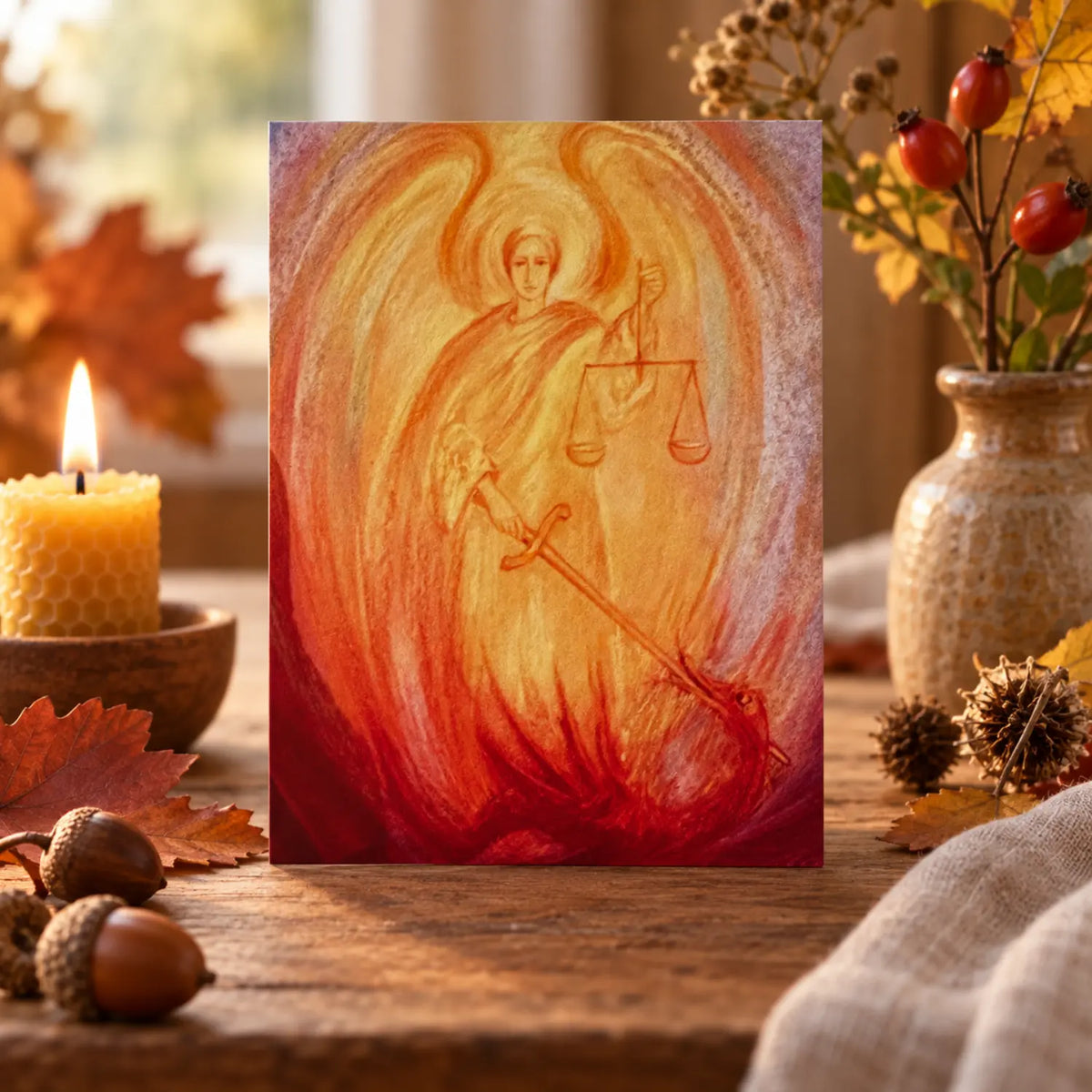 Marjan van Zeyl Michaelmas postcard displayed on an autumn seasonal table with beeswax candle, acorns, and fall leaves