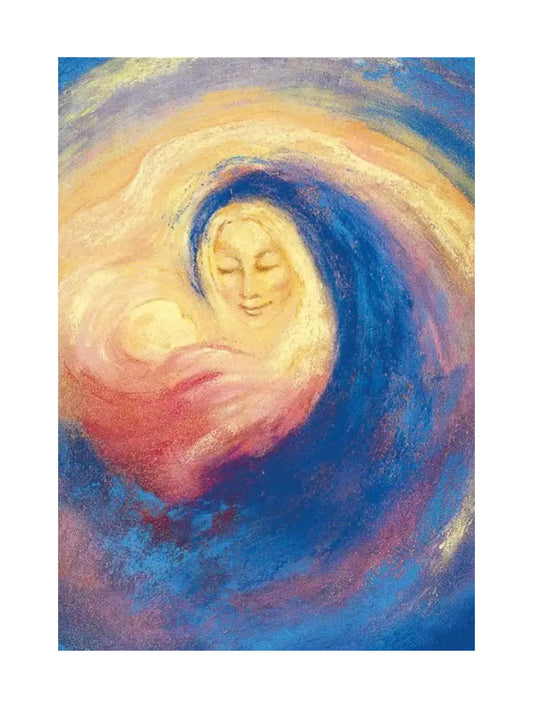 Artistic depiction of a woman with flowing hair in a blue robe holding a baby with a swirling colorful background