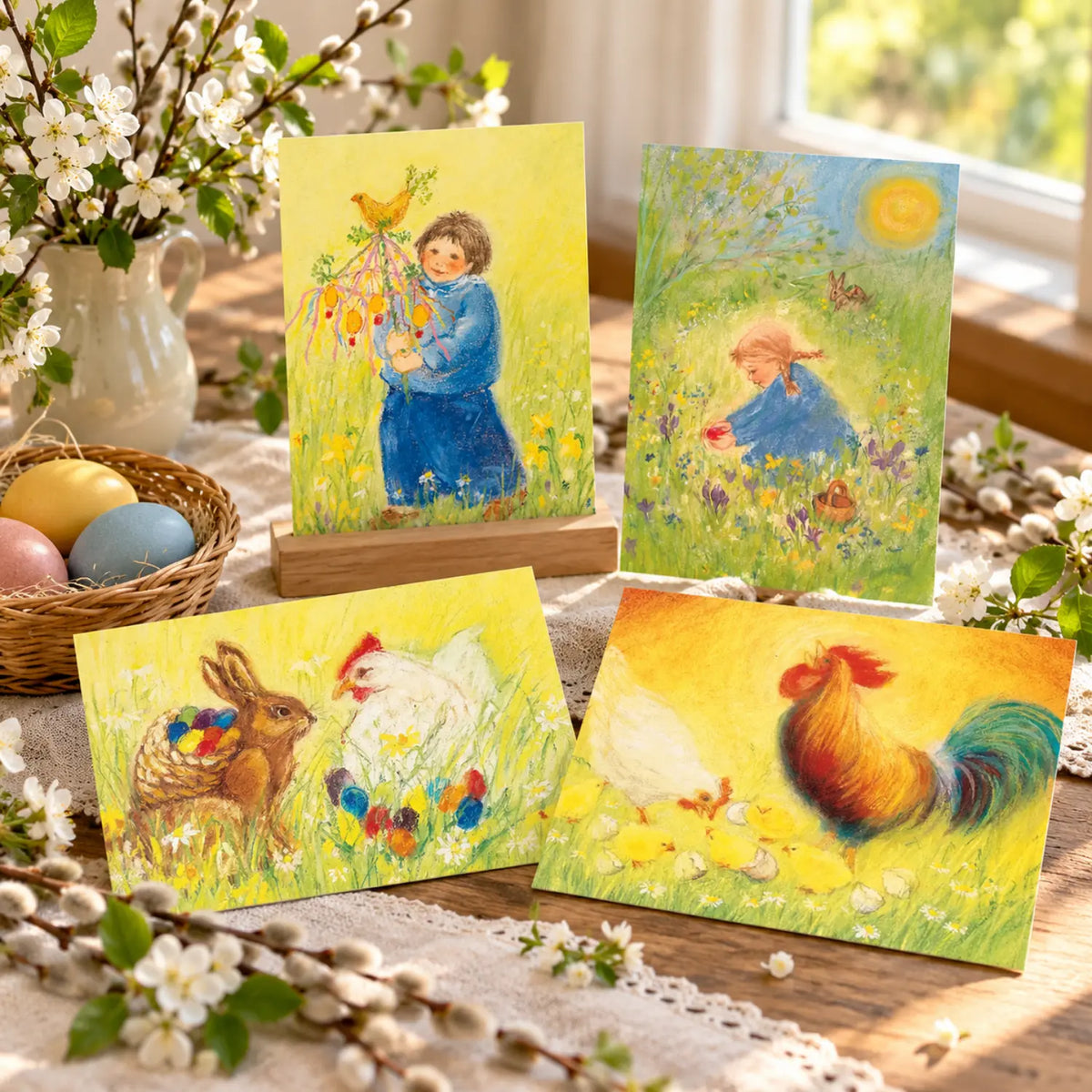 Four Marjan van Zeyl Easter and spring postcards featuring a rabbit with Easter eggs, a child with Easter branches, a child finding a red egg, and a rooster with hen and chicks.