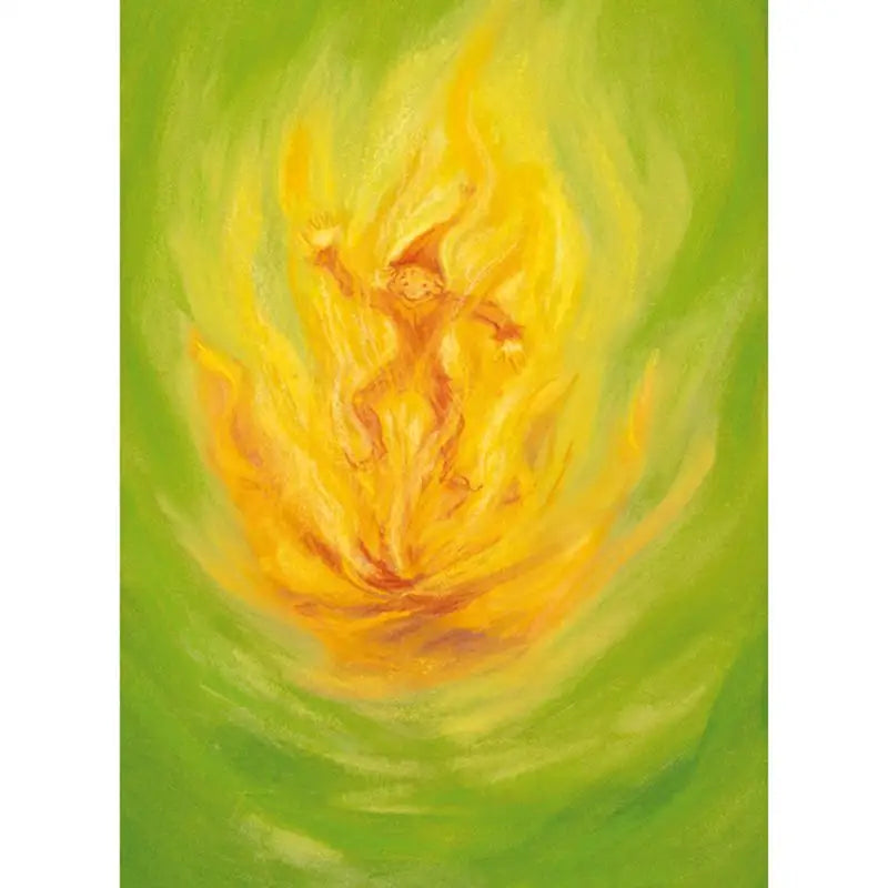 Marjan van Zeyl Rumpelstiltskin fairy tale postcard featuring the little imp dancing amid golden flames against a soft green background.