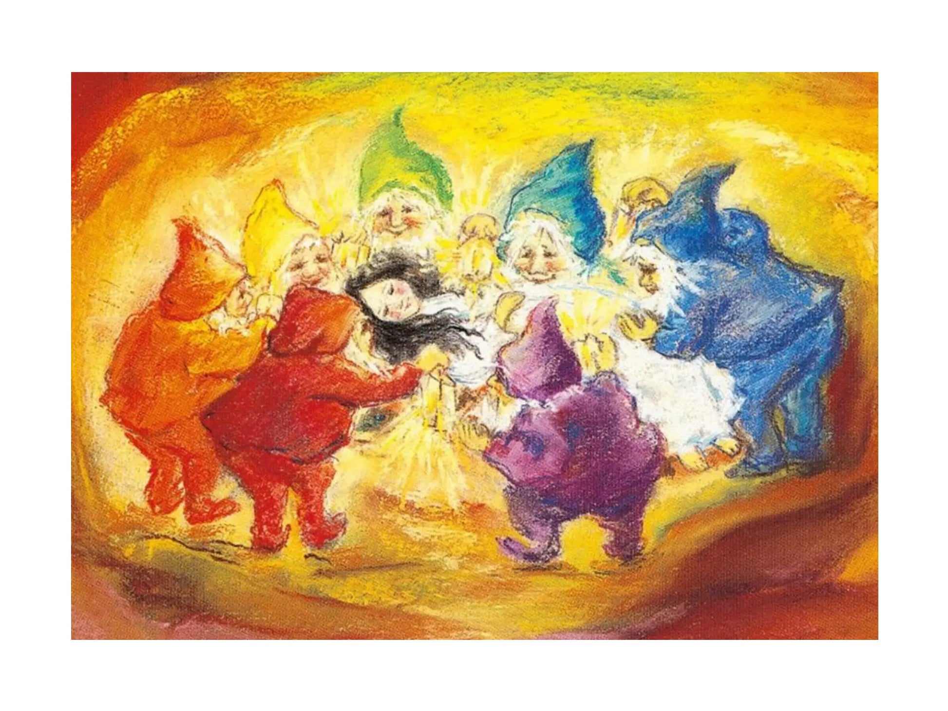 Colorful illustration of seven dwarfs with Snow White, against a warm yellow background