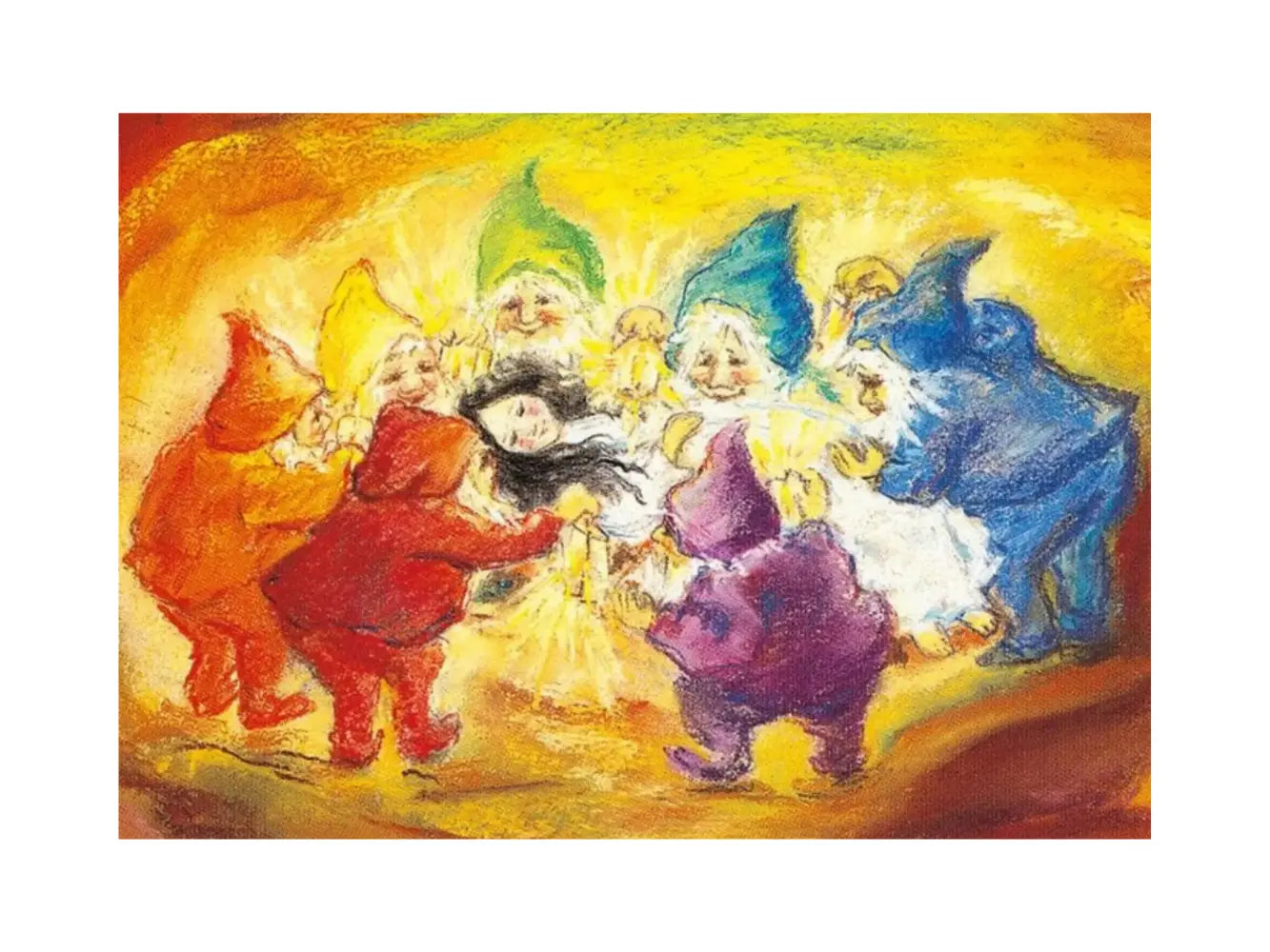 Colorful illustration of seven gnomes with Snow White set against a warm yellow background.