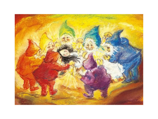 Colorful illustration of seven gnomes with Snow White set against a warm yellow background.