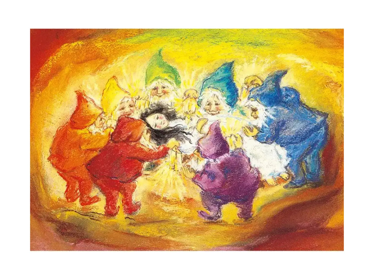 Marjan van Zeyl Snow White fairy tale postcard of seven dwarves and a sleeping Snow White