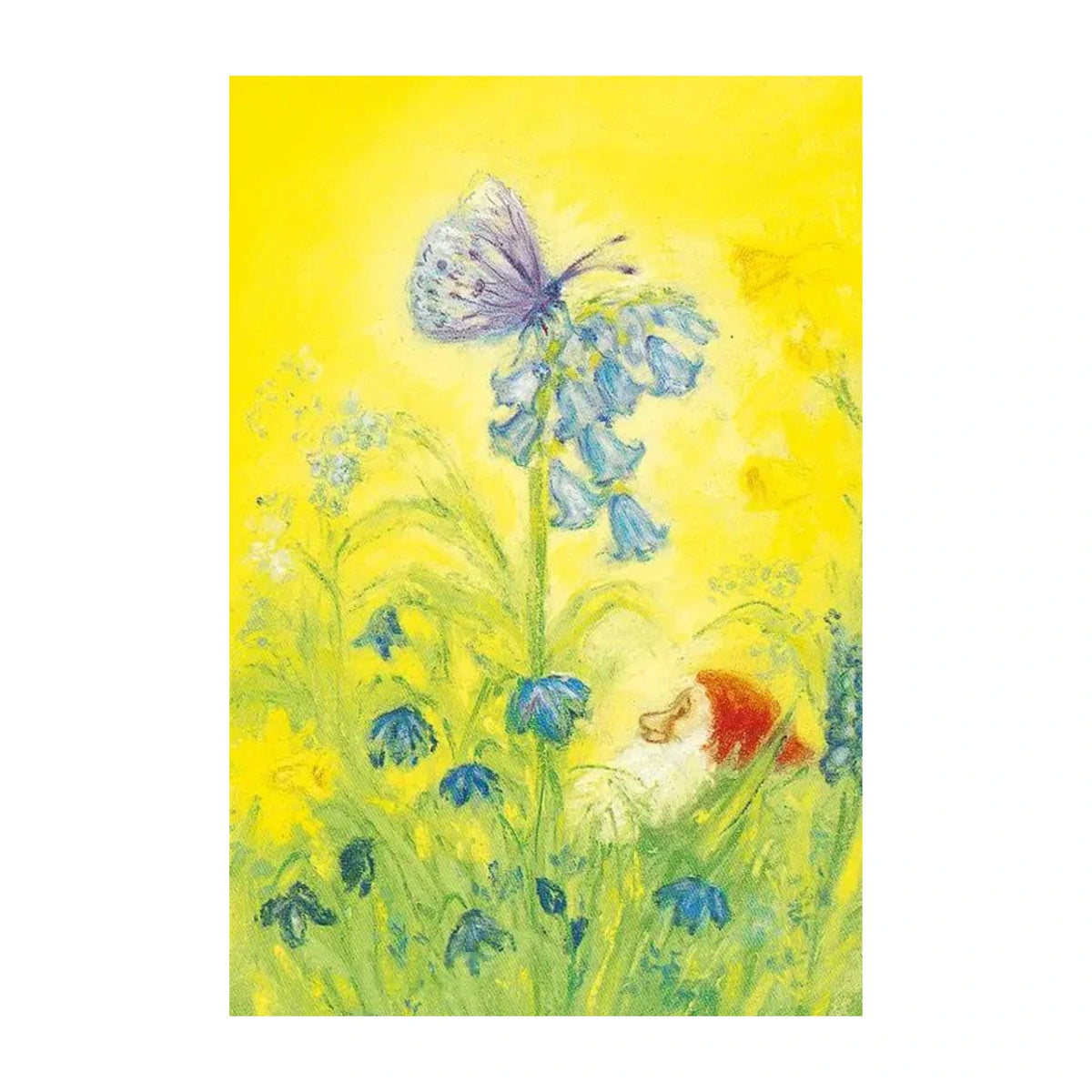 Marjan van Zeyl spring gnome postcard featuring a butterfly above bluebell flowers.