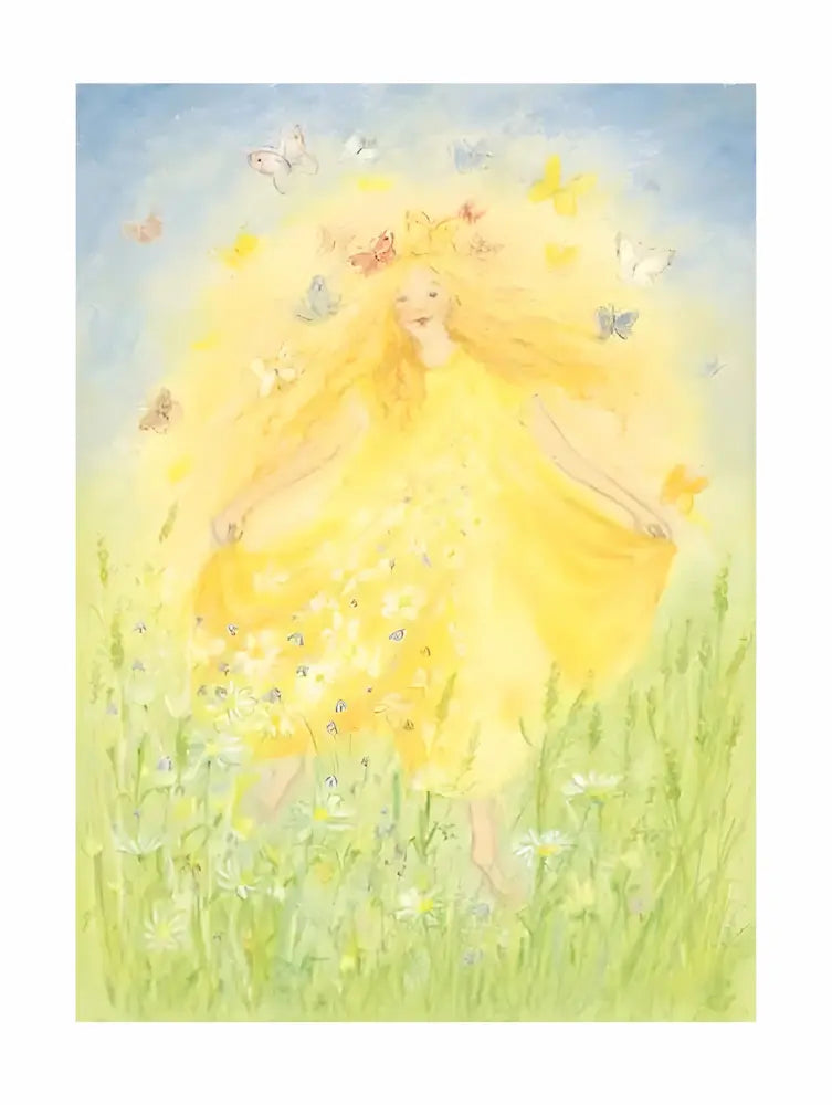A girl with long blonde hair and a yellow dress surrounded by butterflies in a grassy field.