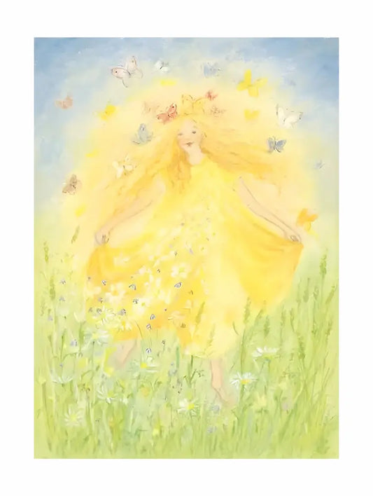 A girl with long blonde hair and a yellow dress surrounded by butterflies in a grassy field.