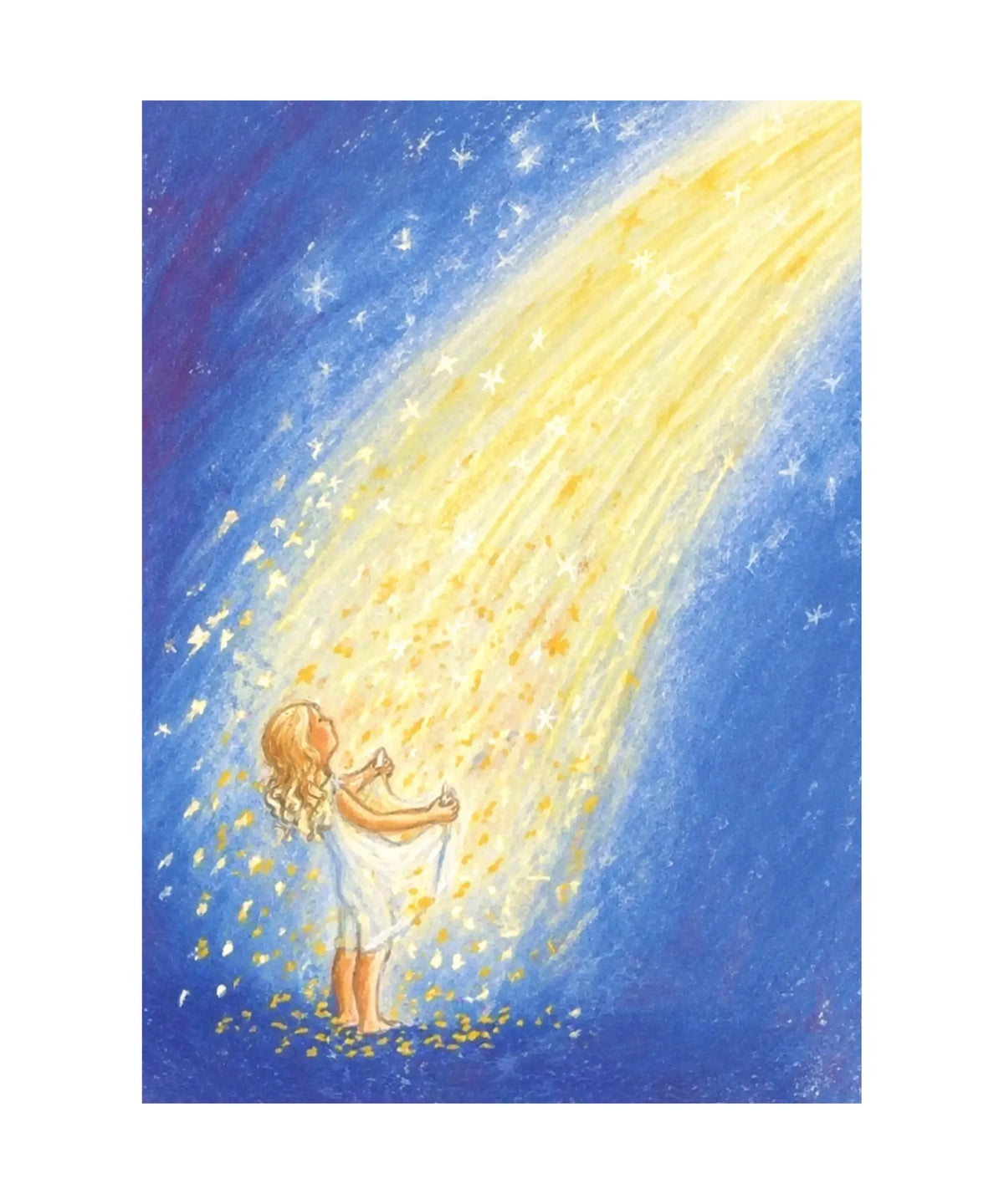 Marjan van Zeyl's Star Money fairy tale illustration of a young girl beneath a shower of golden stars against a blue-violet night sky.