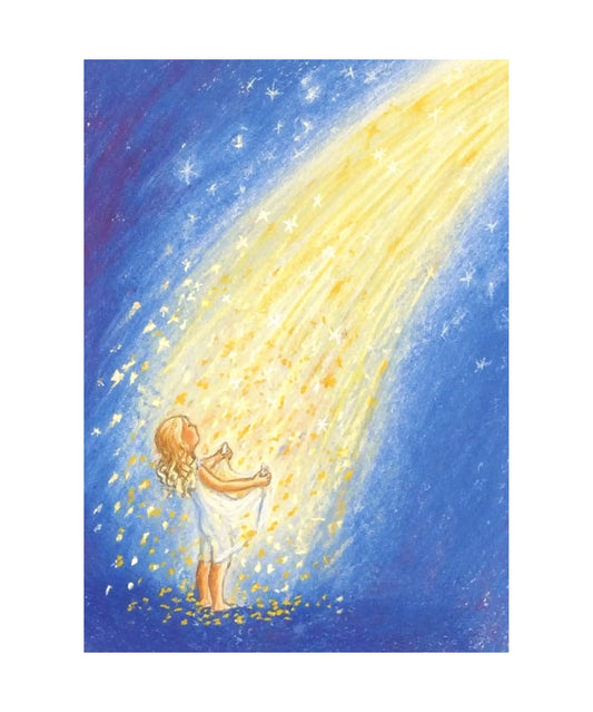 Marjan van Zeyl's Star Money fairy tale illustration of a young girl beneath a shower of golden stars against a blue-violet night sky.