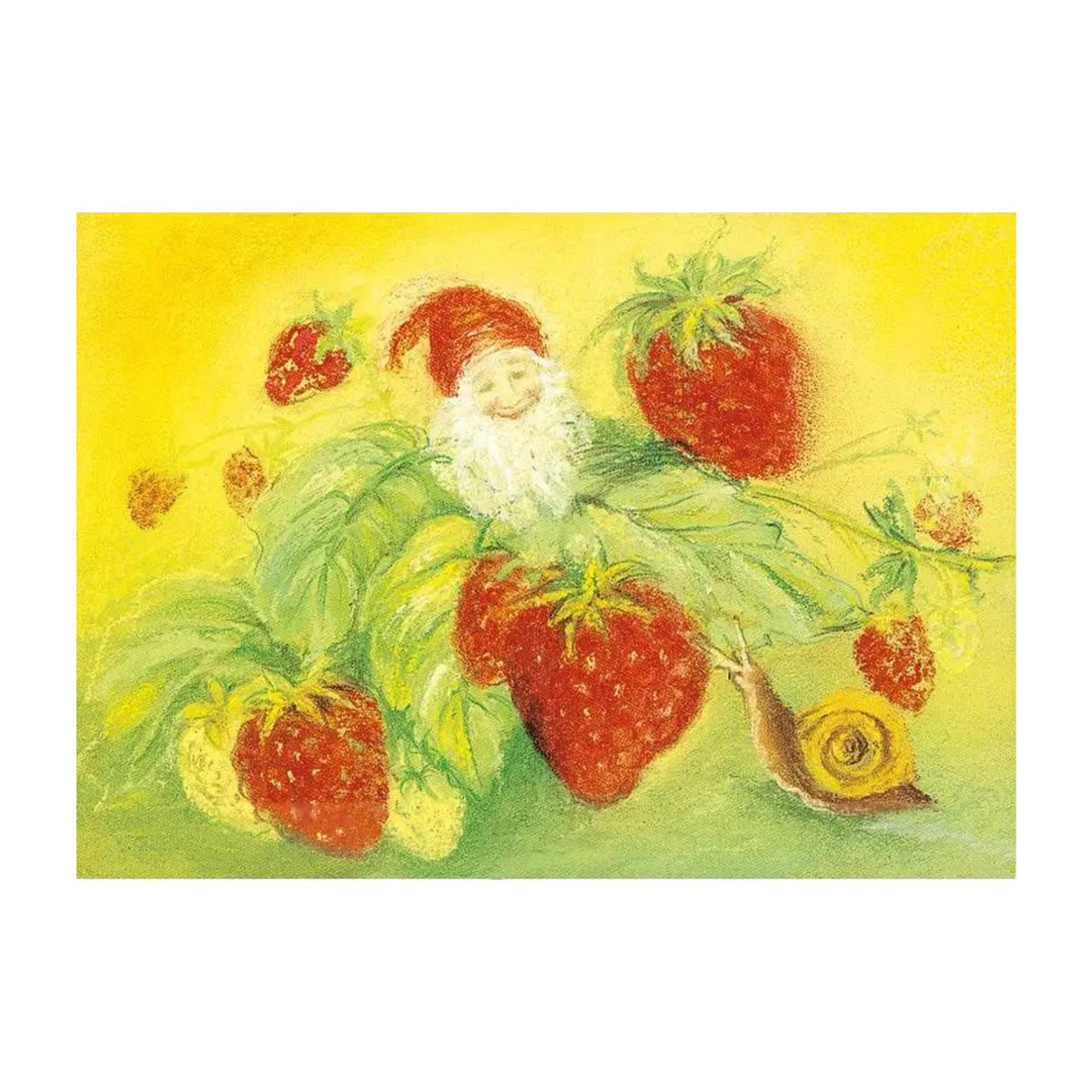 Marjan van Zeyl strawberry gnome postcard featuring ripe strawberries, green leaves, and a snail.